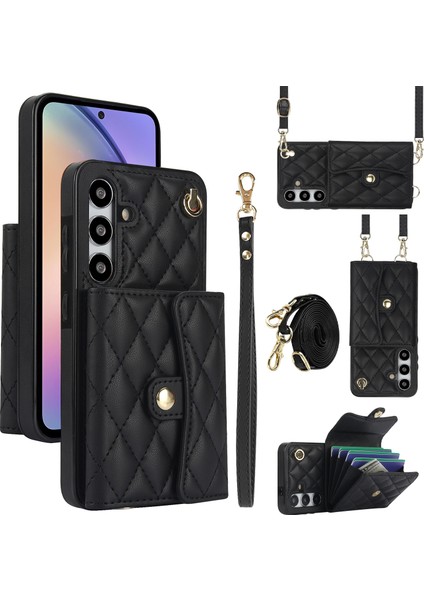 026 Samsung Galaxy A15 4g/5g Kart Kılıfı Kickstand Deri+Tpu Kapak 2 Askılı-Siyah (Yurt Dışından)