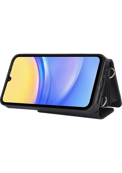 026 Samsung Galaxy A15 4g/5g Kart Kılıfı Kickstand Deri+Tpu Kapak 2 Askılı-Siyah (Yurt Dışından)
