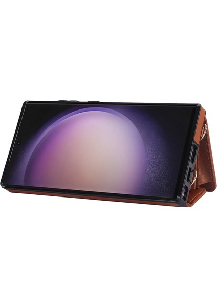 026 Samsung Galaxy S23 Ultra Telefon Kılıfı Kart Yuvaları 2 Askılı Kickstand Kapağı-Kahverengi (Yurt Dışından) modelleri