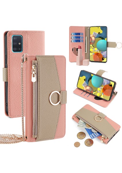 Samsung Galaxy A51 5g SM-A51 Cüzdan Kılıf Fermuarlı Pu Deri Crossbody Telefon Kapağı-Pembe (Yurt Dışından)
