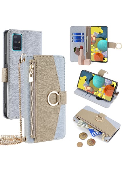 Samsung Galaxy A51 5g SM-A516 Cüzdan Kılıf Fermuarlı Pu Deri Crossbody Telefon Kapağı-Mavi (Yurt Dışından)