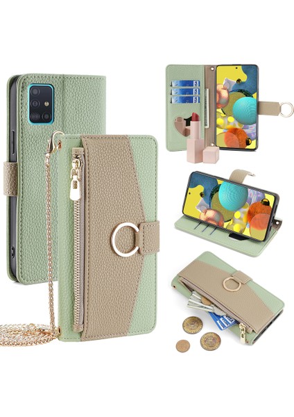Samsung Galaxy A51 5g SM-A516 Cüzdan Kılıf Fermuarlı Pu Deri Crossbody Telefon Kapağı-Yeşil (Yurt Dışından)