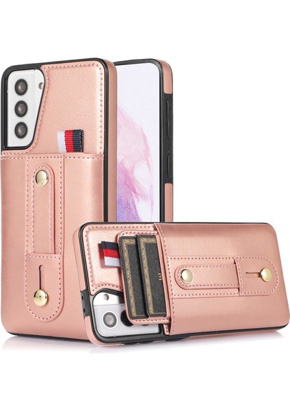 Samsung Galaxy S21 4G/S21 5g Kılıf Için Düşmeye Dayanıklı Kart Tutucu Telefon Kapağı, Geri Çekilebilir Parmak Kayışı-Gül Altın (Yurt Dışından)