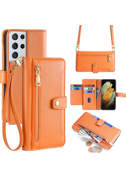 Samsung Galaxy S21 Ultra 5g Kılıf Fermuarlı Cep Kart Yuvaları Omuz Bilek Askılı Kapak-Turuncu (Yurt Dışından)