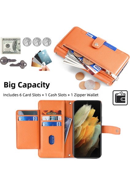 Samsung Galaxy S21 Ultra 5g Kılıf Fermuarlı Cep Kart Yuvaları Omuz Bilek Askılı Kapak-Turuncu (Yurt Dışından) modelleri