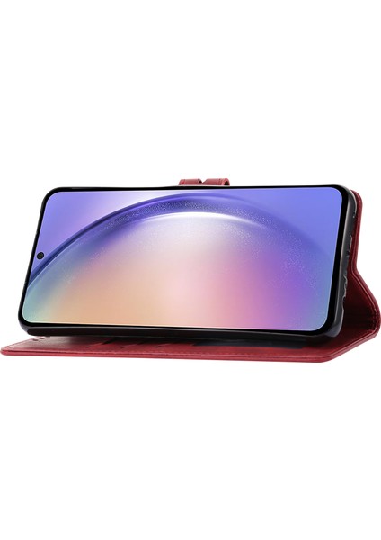 Samsung Galaxy A35 5g Telefon Kılıfı Mutlu Kedi Desenli Cüzdan Kılıfı-Kırmızı (Yurt Dışından)