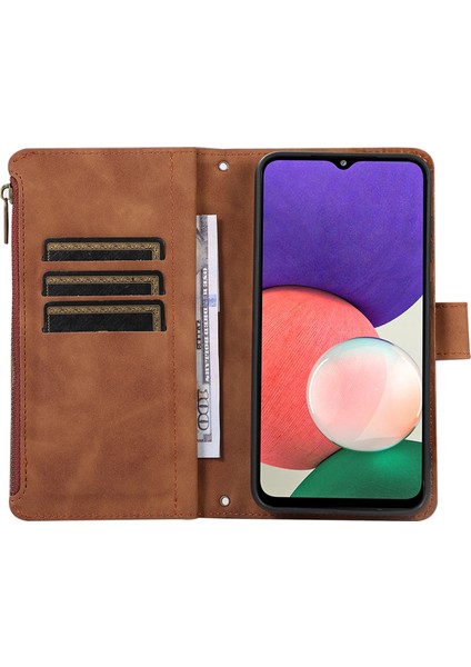 Baskılı Deri Kapak Samsung Galaxy A22 5g (Ab Versiyonu) Kılıf Fermuarlı Cep Kart Yuvaları Telefon Kabuk-Kahverengi (Yurt Dışından)