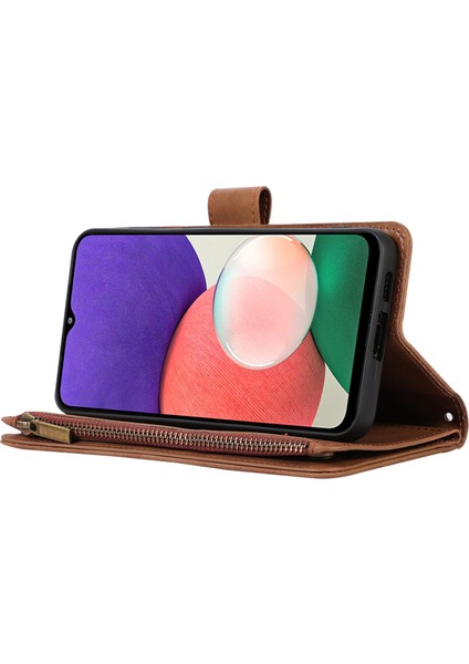 Baskılı Deri Kapak Samsung Galaxy A22 5g (Ab Versiyonu) Kılıf Fermuarlı Cep Kart Yuvaları Telefon Kabuk-Kahverengi (Yurt Dışından)