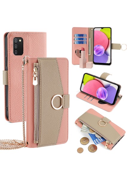 Samsung Galaxy A03S (166.5 x 75.98 x 9.14MM) Kılıf Standı Pu Deri Cüzdan Telefon Çanta Kılıfı-Pembe (Yurt Dışından)