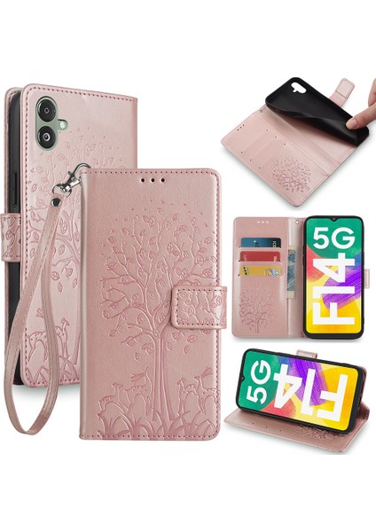Samsung Galaxy F14 5g Kılıf Baskılı Geyik Ağacı Desenli Koruyucu Kapak Bilek Kayışı-Gül Altın (Yurt Dışından)