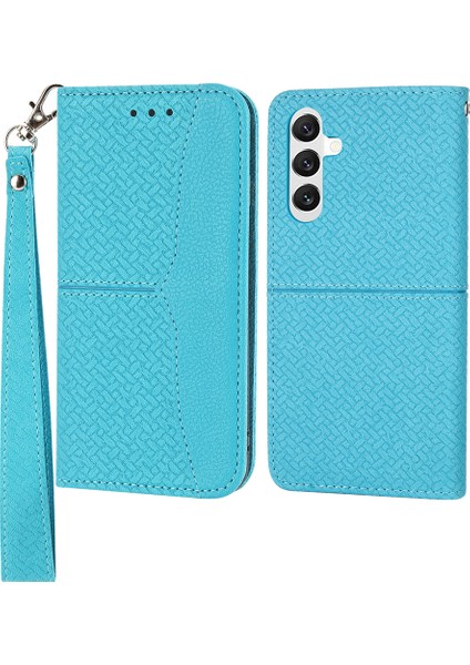Samsung Galaxy S24+ Için Deri Kılıf Dokuma Dokulu Çizilmez Telefon Kapağı-Mavi (Yurt Dışından)