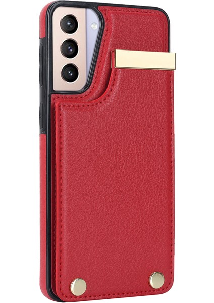 Samsung Galaxy S21 5G/S21 4g Kılıf Kart Çantası Tpu+Deri Telefon Arka Kapak Metal Dekorlu-Kırmızı (Yurt Dışından)