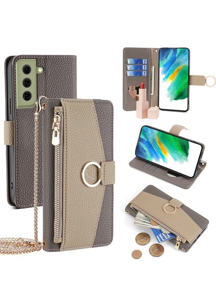 Samsung Galaxy S21 Fe 5g Cüzdan Telefon Kılıfı Crossbody Ipi Fermuarlı Deri Kapak-Gri (Yurt Dışından)