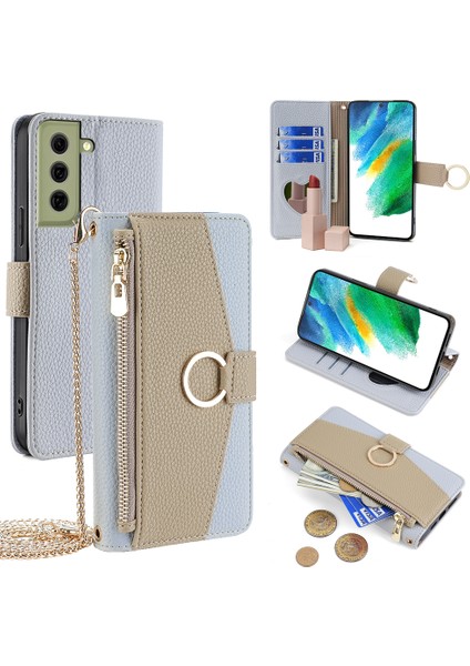 Samsung Galaxy S21 Fe 5g Cüzdan Telefon Kılıfı Crossbody Ipi Fermuarlı Deri Kapak-Mavi (Yurt Dışından)