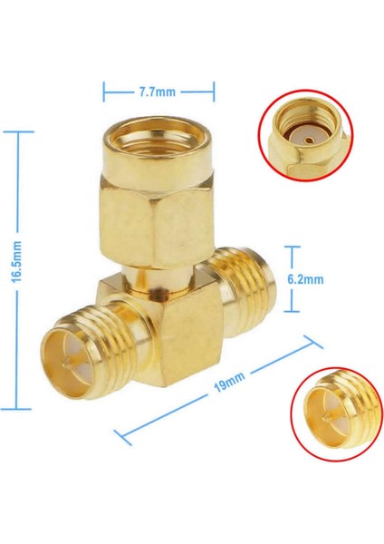Sma T Soket 1x Rpsma Erkek 2x Rpsma Dişi Altın Kaplama Soket 0-6ghz Rf Wi-Fi Anten Fpv Lora