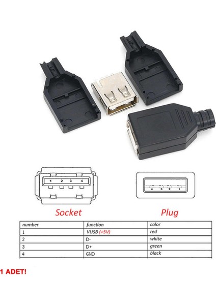 Kutulu USB Type A Dişi Soket USB 2.0 4 Pin Plastik Kapak Dıy Tip Elektronik