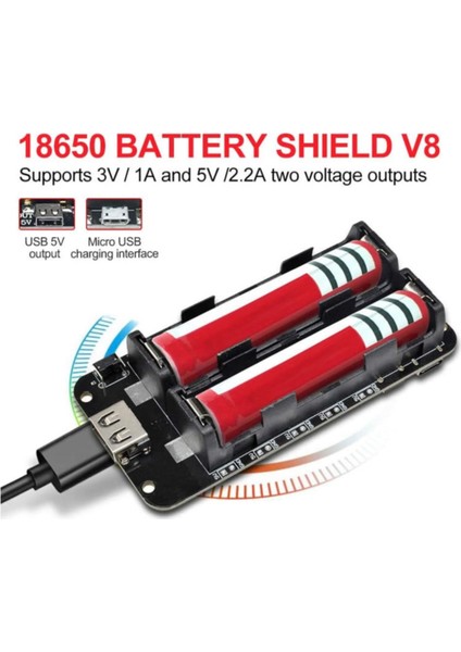 2x 18650 Pil Şarj Kartı V8 Battery Shield Lityum Li-On Powerbank