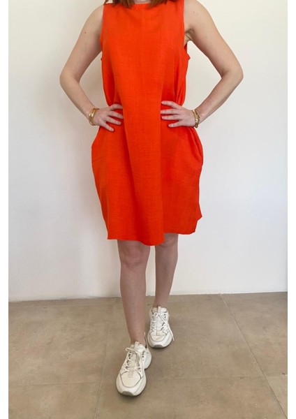 Kadın Keten Kolsuz Yazlık Elbise