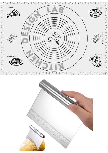 Beyaz Silikon Ölçülü Çok Amaçlı Hamur Açma Matı 45 cm x 65 cm ve Ölçülü Çelik Hamur Kesme Spatulası