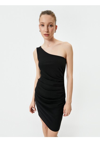 Tek Omuz Elbise Mini Drapeli Slim Fit