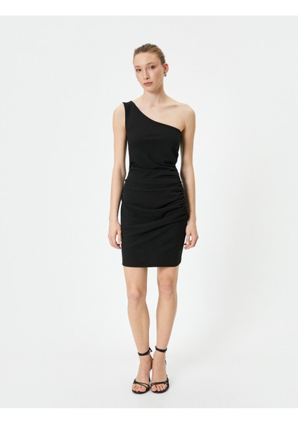 Tek Omuz Elbise Mini Drapeli Slim Fit