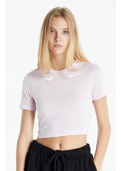 Double Swoosh Crop Fit Tee Pink Likralı Ince Crop Kısa Tişört Pembe