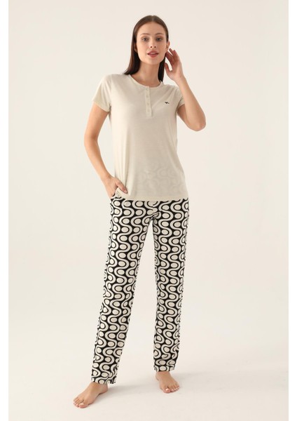 Düğmeli Yaka Geometrik Desenli Kadın Pijama Takımı,büyük Beden Pijama, Pamuklu