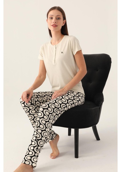 Düğmeli Yaka Geometrik Desenli Kadın Pijama Takımı,büyük Beden Pijama, Pamuklu fiyatları