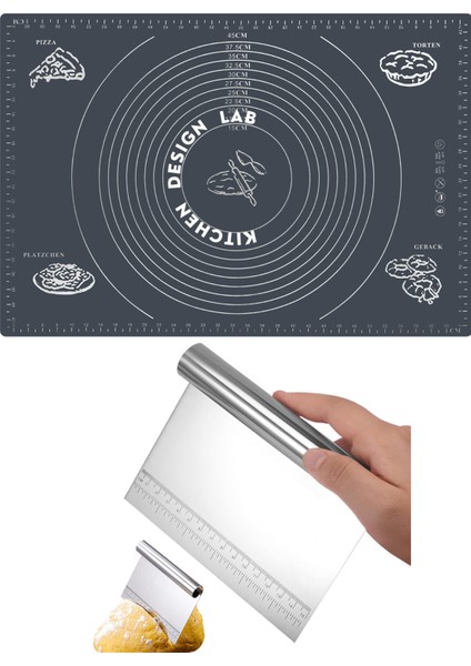 Gri Silikon Ölçülü Çok Amaçlı Hamur Açma Matı 45 cm x 65 cm ve Ölçülü Çelik Hamur Kesme Spatulası