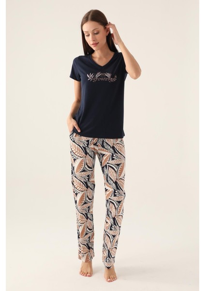 V Yaka Yandan Cepli Kadın Pijama Takımı, Pamuklu Pijama Takımı