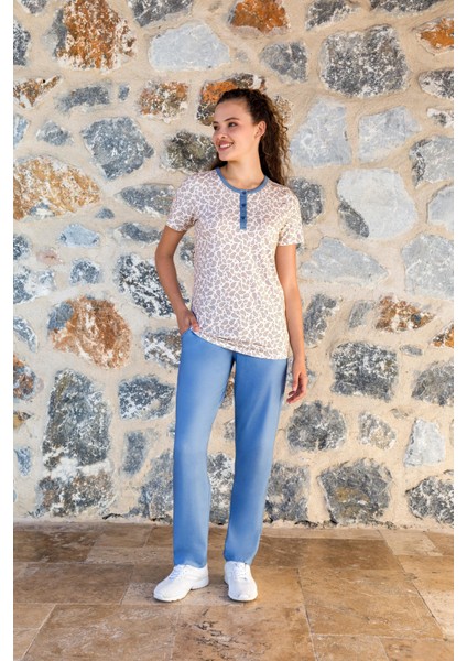 Kadın Mavi Desenli T-Shirt Pijama Takımı 24Y4004