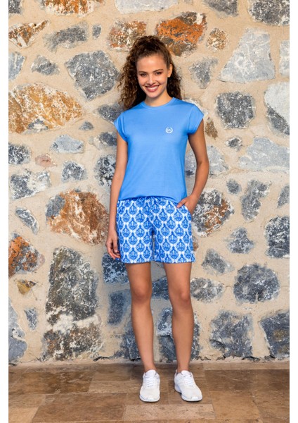 Kadın Mavi Desenli Şort T-Shirt Pijama Takımı 24Y4011