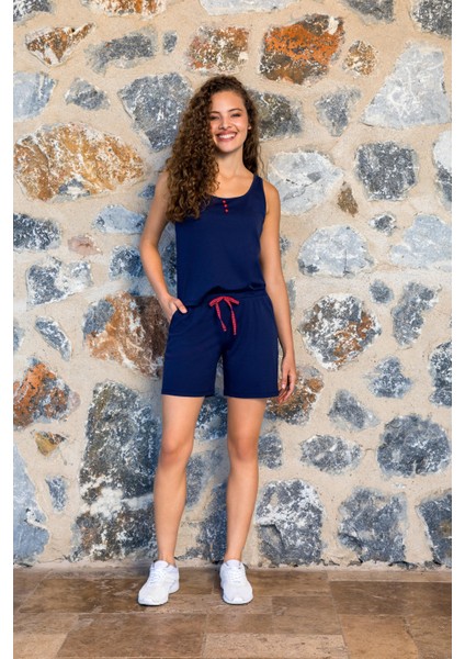 Kadın Lacivert Kırmızı Düğme Detaylı Atlet Şort T-Shirt Pijama Takımı 24Y4017