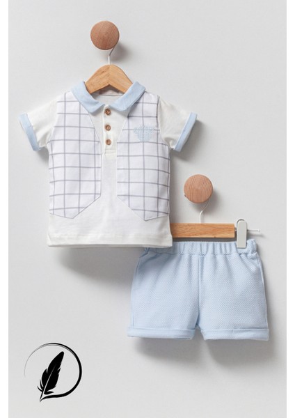 Erkek Bebek Three Teddy 2'li Takım Ekose Cepken Detaylı Polo Yaka Tişört ve Şort 3AY-6AY-9AY