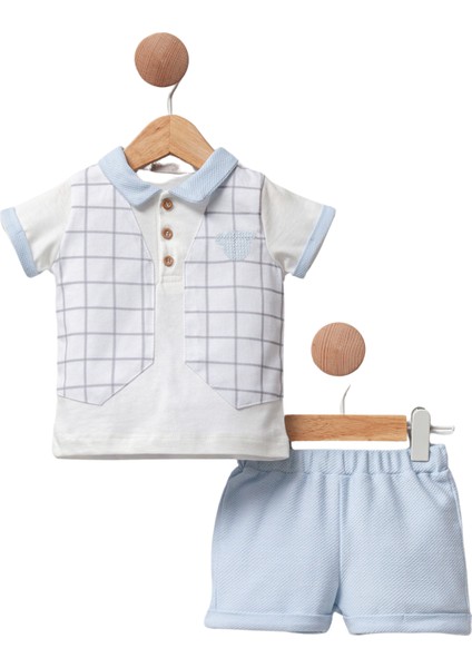 Erkek Bebek Three Teddy 2'li Takım Ekose Cepken Detaylı Polo Yaka Tişört ve Şort 3AY-6AY-9AY