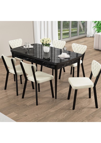 Rim Serisi 80X132 Açılabilir Siyah Mermer Desen Mutfak Masası Takımı 6 Sandalye