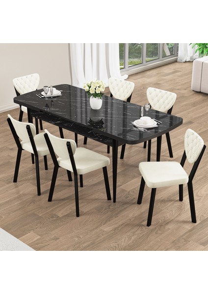 Rim Serisi 80X132 Açılabilir Siyah Mermer Desen Mutfak Masası Takımı 6 Sandalye