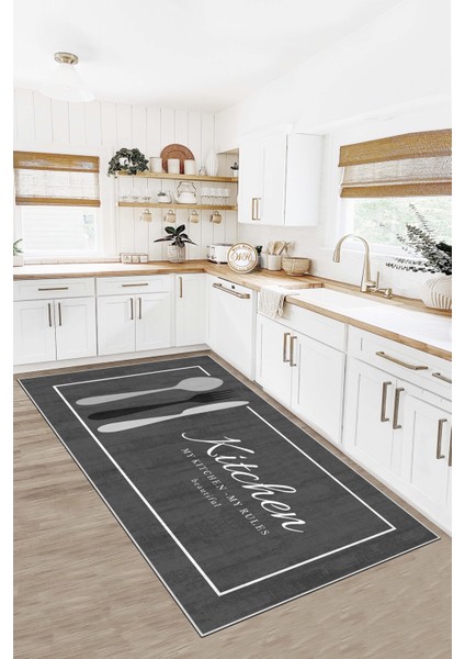 Makinede Yıkanabilir Kaymaz Taban Leke Tutmaz Gri Mutfak Halısı Mutfak Yolluk ve Balkon Halısı