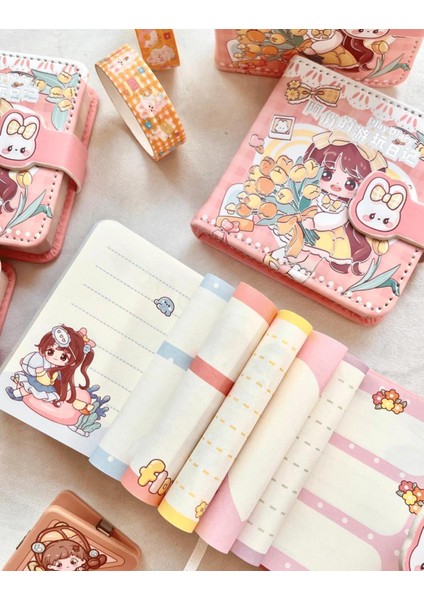 Kağıt Gemi Dükkan Kawaii Sevimli Kız ve Çiçekler Pembe Renk Mini Defter / Mıknatıslı Ajanda/bullet Journal