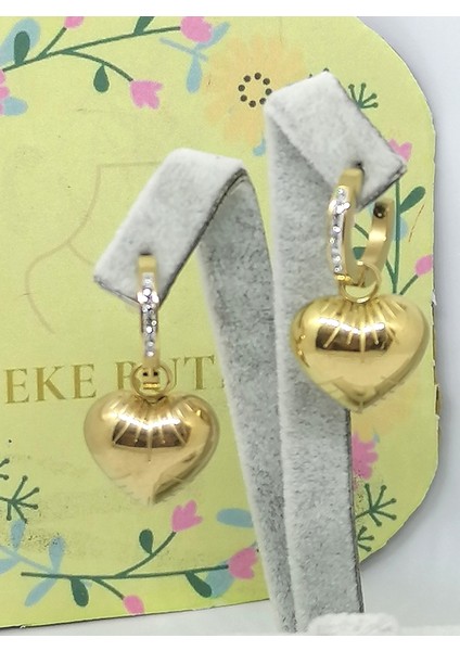 Çelik Taşlı Kalp Küpe Gold