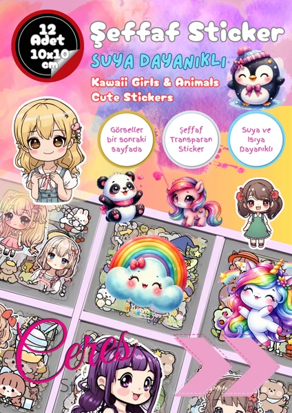 Ceres Studio Şeffaf Kawaii Girls Su Geçirmez Sticker Kawaii Cute Girls & Animals Etiket Seti