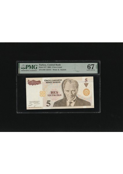 Beş Yeni Türk Lirası 5 Ytl P217 2005 Pmg 67 Epq Superb Gem Unc S/n D89 125721 8. Ems 1.t