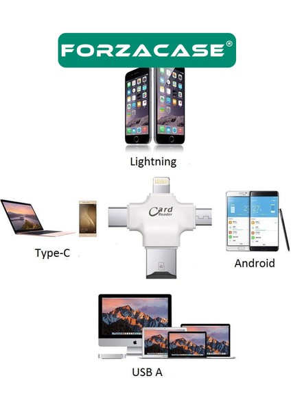 4in Lightning + Microusb + Type-C Tf Kart Okuyucu Adaptör Reader - FC491 modelleri