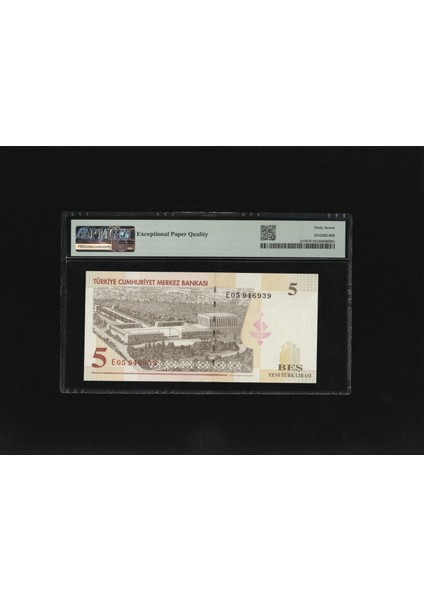 Beş Yeni Türk Lirası 5 Ytl P217 2005 Pmg 67 Epq Superb Gem Unc S/n E05 946939 8.ems 1.t