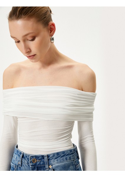 Madonna Yaka Bluz Drapeli Uzun Kollu