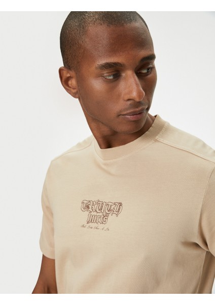 Slogan Baskılı Tişört Bisiklet Yaka Kısa Kollu Pamuklu