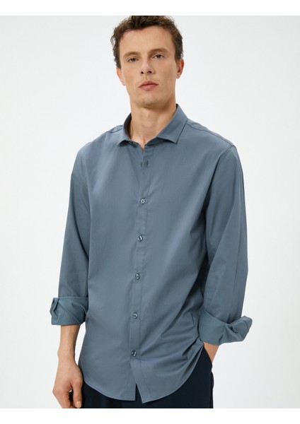 Basic Gömlek Slim Fit Yarım Italyan Yaka Düğmeli