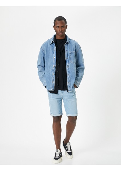 Yırtık Kot Şort Slim Fit Katlama Detaylı Düğmeli Cepli