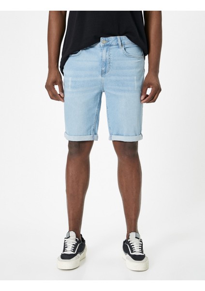 Yırtık Kot Şort Slim Fit Katlama Detaylı Düğmeli Cepli modelleri