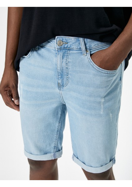 Yırtık Kot Şort Slim Fit Katlama Detaylı Düğmeli Cepli indirimleri